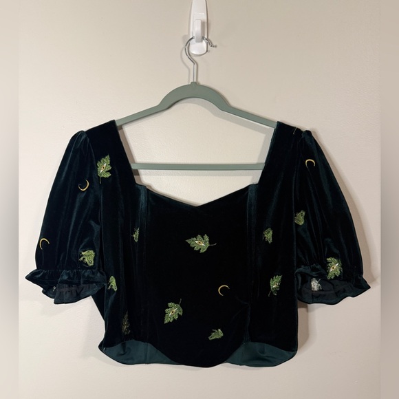 Disturbia Black Velvet Crop Top with Green Accents - Picture 3 of 9